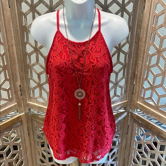 First Love Tops - First Love Elegant Red Lace Women’s Racer Back Tank With Gold Mandala Necklace